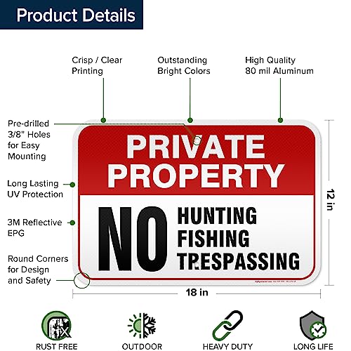 Private Property No Fishing No Hunting No Trespassing Sign, 12x18 Inches, - size: 12x18 - Aluminum Reflective