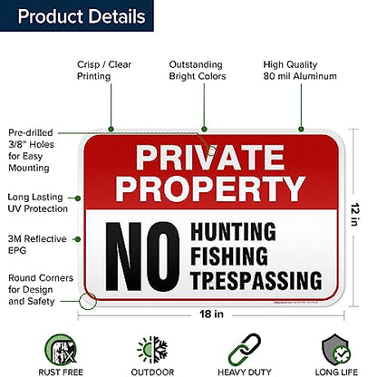 Private Property No Fishing No Hunting No Trespassing Sign, 12x18 Inches, - size: 12x18 - Aluminum Reflective
