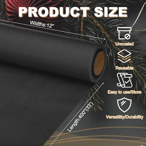 PATIKIL Wrapping Paper, 12"x400"(33') Bulletin Board Paper Roll Kraft Paper Roll Construction 80GSM for Shipping Packing Gift Wrapping Craft Flower Bouquet Christmas, Black - color: Black, size: 12x400 Inch