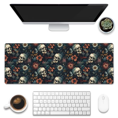 Desk Mat,Skulls with Flowers Large Gaming Mouse Pad XL,Skull Floral Desk Pad,Extended Big Computer Keyboard Mousepad with Non-Slip Base and Stitched Edges 31.5"x11.8" - color: Skulls With Flowers, size: 11.8" x 31.5"