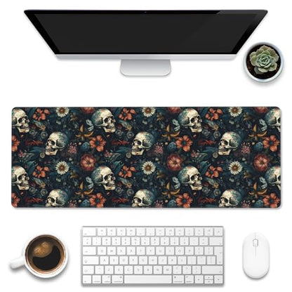 Desk Mat,Skulls with Flowers Large Gaming Mouse Pad XL,Skull Floral Desk Pad,Extended Big Computer Keyboard Mousepad with Non-Slip Base and Stitched Edges 31.5"x11.8" - color: Skulls With Flowers, size: 11.8" x 31.5"