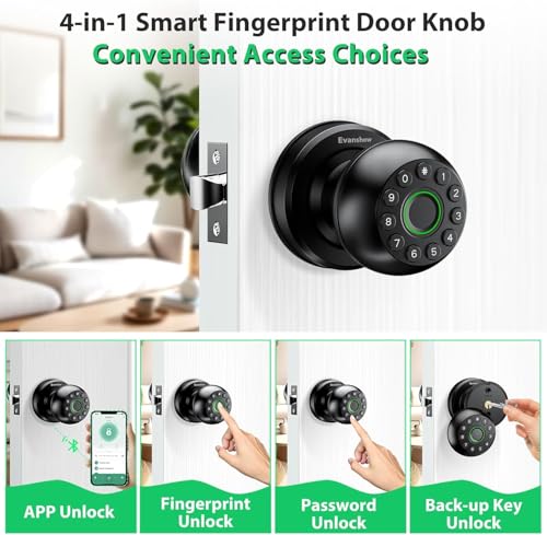 Smart Door Knob Fingerprint Lock 4-in-1 Keyless Entry (Fingerprint/App/Code/Key) Biometric Door with Auto-Lock Easy Install for Home/Bedroom/Office-Black - color: Black