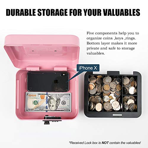 KYODOLED Medium Cash Box with Combination Lock Safe Metal Money Box with Money Tray for Security Lock Box 7.87x 6.30x 3.54Inch Pink Medium - color: Pink (Pack of 1), size: Medium