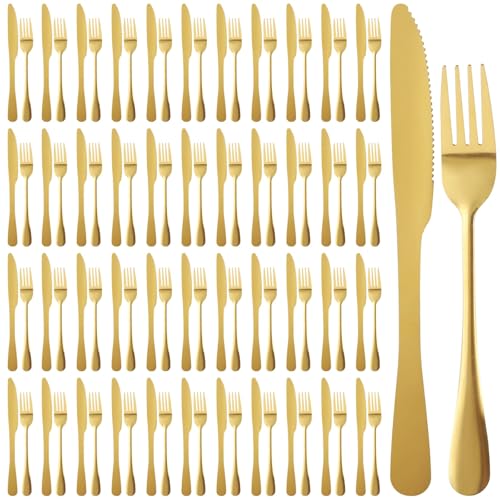 150 Pcs Gold Silverware Set, Includes 75 Forks and 75 Knives, Stainless Steel Flatware Set, Elegant and Sturdy Cutlery, Smooth Surface, Dinner Tableware, Ideal for Home, Restaurant - color: 150pcs gold