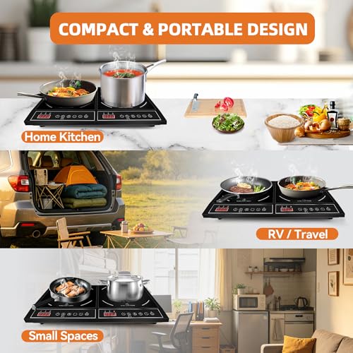 Portable Double Induction Cooktop, 1800W Countertop Burner with Power Sharing, 10 Power & Temperature Levels, 140-465°F Temperature Control, Digital Display, Timer