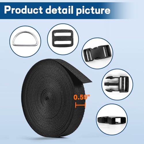 5/8" Buckles and Straps Set: 10 Yards of Thick Nylon Webbing, 10-Pack Quick Side Release Adjustable Plastic Buckles, 20 Tri-Glide Slide Clips 10 Metal D Rings (5/8 Inch Combo Set) - size: 5/8" 10 Pcs Buckle Set