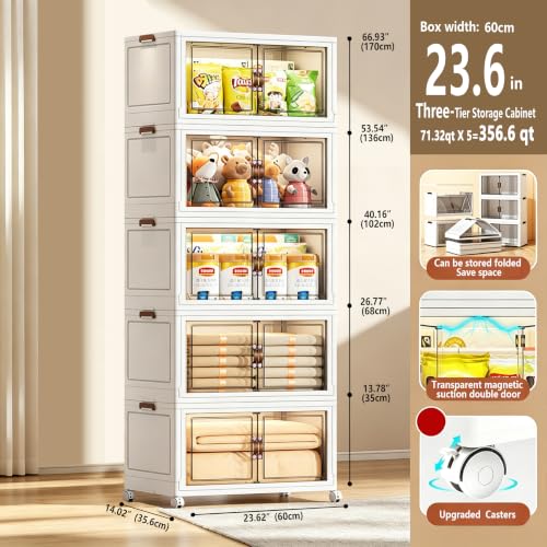 5‑Pack Foldable Stackable Storage Boxes, 356.6 QT Organizer Container with Magnetic Doors & Wheels for Home, Garage, Office (23.62" W x 14.02" D x 66.93" H) - size: 5PACK-23.62"W14.02"D66.93"H