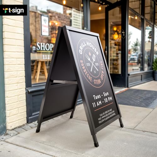 T-SIGN Outdoor A-Frame Sidewalk Sign 24x36 Inch Sandwich Board, Black Coated Steel Metal Double-Sided, Heavy Duty Slide-in Folding Frame Sign Holder, 2 Corrugated Plastic Poster Boards, Display Stand - color: Black - Corrugated Plastic Boards
