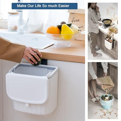 Kitchen Compost Bin Cabinet Hanging Small Trash Can with Lid 2.4 Gallon - color: ivory white