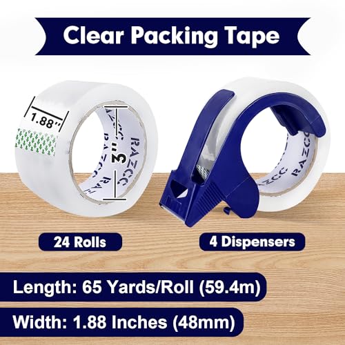 RAZCC Packing Tape, 24 Rolls Clear Heavy Duty Packaging Tape with Dispensers for Packing Shipping Moving Mailing, Thicker Sealing Tape -1.88" x 65 Yards Per Roll, 1560 Total Yards - size: 1.88"-24 Rolls