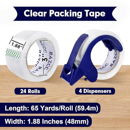 RAZCC Packing Tape, 24 Rolls Clear Heavy Duty Packaging Tape with Dispensers for Packing Shipping Moving Mailing, Thicker Sealing Tape -1.88" x 65 Yards Per Roll, 1560 Total Yards - size: 1.88"-24 Rolls