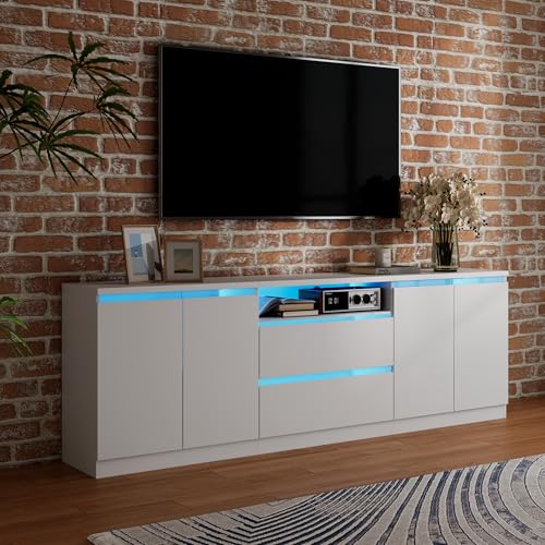 Bobve Modern TV Stand for TVs Up to 100",LED TV Console,Long Entertainment Center with 2 Drawers/2 Cabinets,Universal TV Stand for Living Room,Bedroom,White,3 Light Modes - color: White