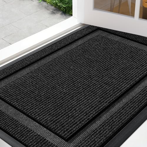 Front Door Mat Outside Entrance Indoor Doormat, 32" x 20" Outdoor Mats for Patio Waterproof, Outdoor Door Mats for Outside Entry, Indoor Rugs for Entryway, Sturdy Natural Rubber Entry Mat, Black - color: Black, size: 1'8" x 2'8" (Rectangular)