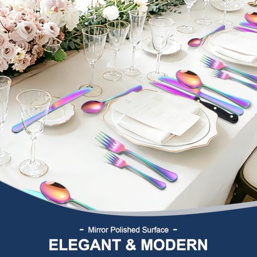 24-Piece Rainbow Silverware Set with Steak Knives Stainless Steel Flatware Set for 4 Food Grade Tableware Cutlery Set Rust-proof, Mirror Polished, Dishwasher Safe - size: 24Pcs-A