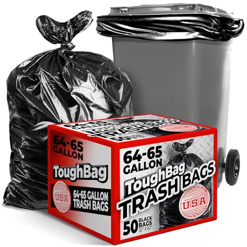 ToughBag 65 Gallon Heavy Duty Contractor Trash Bags, 50 Ct, Black, 1.2 Mil