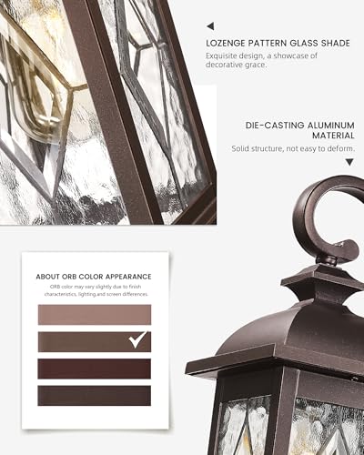 FEMILA Outdoor Wall Light Fixtures, Exterior Waterproof Wall Sconce, 15" Front Porch Lights, Anti-Rust ORB Finish with Hammered Glass, UL Listed, 4FD54B ORB-SD - color: ORB, Lozenge Pattern, size: 15", Single Unit