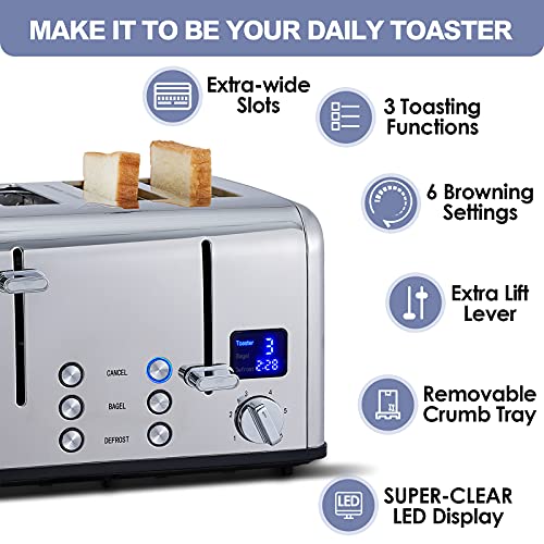 CUSIMAX 4 Slice Stainless Steel Toaster with Digital Display, Silver - color: Silver Stainless Steel, size: 4 Slice