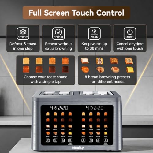 Mecity 4 Slice Toaster Wide Slot, Auto Lift Keep Warm Smart Toaster with Touch Screen, Dual Control Panel, Defrost, Auto Shut Off Digital Toasters for Bagel Muffin Waffle Gluten Free Breads1700W 120V - color: 4 Slot-Brushed stainless steel gray