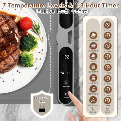 Warming Mat for Food 47.2"x15" Extra Long, 700W Electric Food Warmer with Heat-Resistant Pad, Full Surface Heating, 7 Temp Settings, 8H Timer, Child Lock for Buffet, Parties & Family Gatherings - color: Gray, size: 47.2"x15"