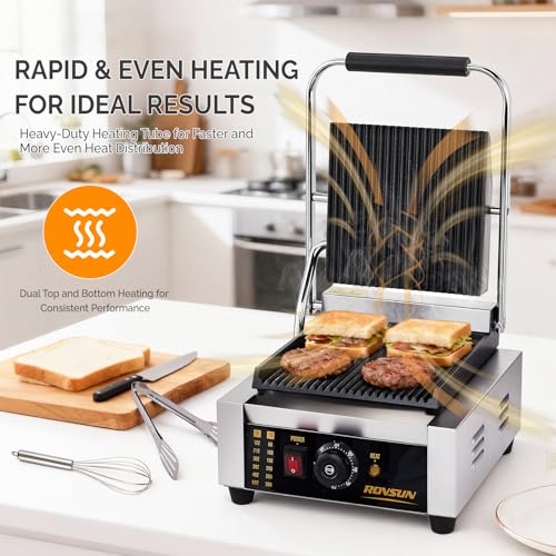 Bonnlo 811 Commercial Sandwich Make, 1800W Stainless Steel Countertop Panini Press Grill with Adjustable Temp 122°F–572°F, For Steak, Burgers, Home & Restaurant Use, 110V, Silver - size: 12"D x 12.2"W x 8"H