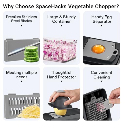 SpaceHacks 12-in-1 Vegetable Chopper, Kitchen Gadgets with 7 Blades, Veggie, Food, Onion Chopper, Cucumber Slicer, Versatile Mandoline, Includes Egg Separator & Finger Guard, Gray (Pack of 2) - color: Gray, size: 7 Blades (Pack of 2)