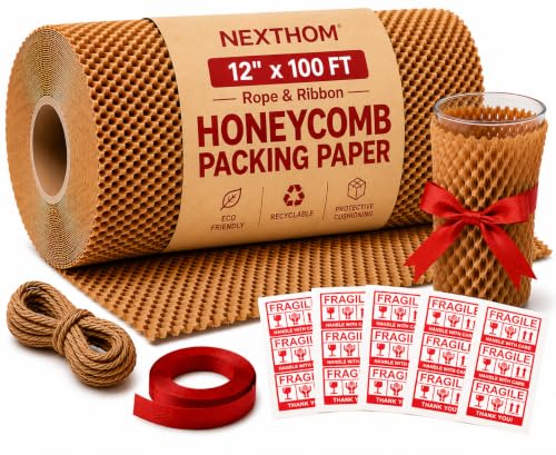 Honeycomb Packing Paper, 12 Inch x 100 FT – Eco-Friendly Recyclable Cushioning Wrap Roll for Moving & Shipping, Bubble Wrap Alternative with Rope, Ribbon & 40 Fragile Stickers - size: 12" x 100'