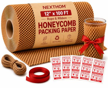Honeycomb Packing Paper, 12 Inch x 100 FT – Eco-Friendly Recyclable Cushioning Wrap Roll for Moving & Shipping, Bubble Wrap Alternative with Rope, Ribbon & 40 Fragile Stickers - size: 12" x 100'