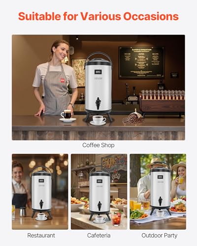 VEVOR Insulated Beverage Dispenser, 2.4 Gal/9.2L Stainless Steel Thermal Drink Server with Spigot & Temp Display, Suitable for Hot and Cold Drinks, for Tea Coffee Water in Cafes & Restaurants, Silver - size: 2.4 Gal (1 Pack)