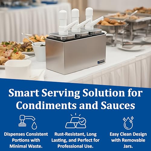 San Jamar CFS Jamar P9713 Stainless Steel Condiment Pump Service Center with 3 Wells Black Jars, 14" Length x 7-7/8" Width x 12-1/2" Height - style: 3 Pumps