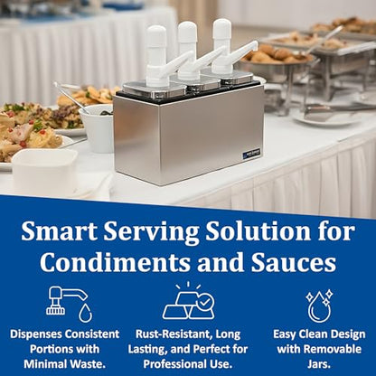 San Jamar CFS Jamar P9713 Stainless Steel Condiment Pump Service Center with 3 Wells Black Jars, 14" Length x 7-7/8" Width x 12-1/2" Height - style: 3 Pumps