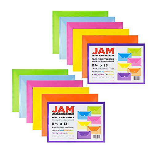 JAM PAPER Plastic Envelopes with Hook & Loop Closure - Letter Booklet - 9 3/4 x 13 - Assorted Colors - 12/Pack - color: Assorted, size: Letter - Pack of 12