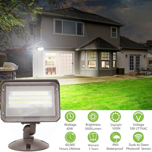 40W Outdoor LED Flood Light Dusk to Dawn with Knuckle, 5600LM 500W Equivalent, 100-277V 5000K Daylight, ETL Commercial LED Flood Light Fixture, Outdoor Security Lighting for Landscape/Parking Lot - size: 40W
