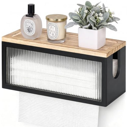 Wooden Paper Towel Holder with Lid & Acrylic Window Wall Mounted - color: Black Acrylic