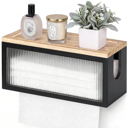 Wooden Paper Towel Holder with Lid & Acrylic Window Wall Mounted - color: Black Acrylic