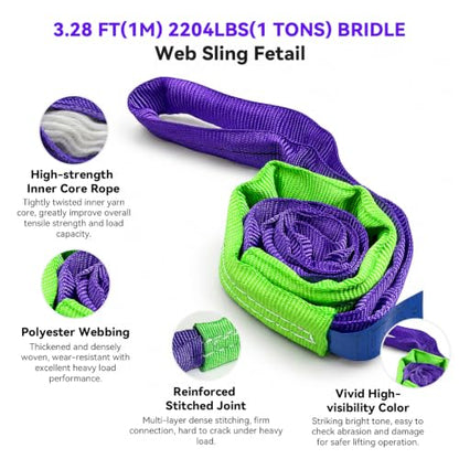Lift Sling Straps, 1" x 3.3' Heavy Duty Endless Polyester Flat Web Sling, 1 Ton (2204 lbs) Vertical Rated Capacity, Rigging Sling for Crane Hoist, Cargo Lifting, Machinery Moving, 2-Pack - size: 1T-3.28ft(2Pack)