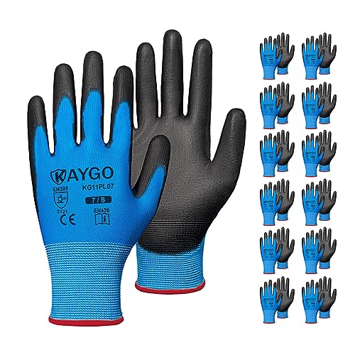 KAYGO Safety Work Gloves for Men Women, PU Coated Palm & Fingers, KG11P - color: Blue, size: Small