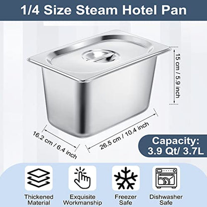 8 Pack Stainless Steam Hotel Pan 6 Deep Steam Table Pan with Lid 0.8 mm Thick Stainless Steel Restaurant Anti Clogging Steamer for Party, Restaurant, Hotel(1/4 Size) - size: 1/4 Size