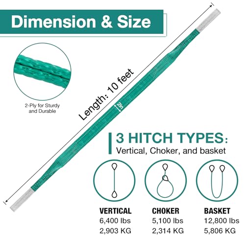 Lift Sling Straps, 2" x 10' Heavy Duty Flat Eye Lift Sling - color: Green, size: 2" x 10'