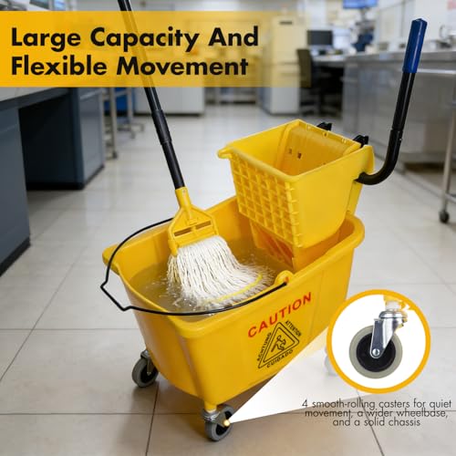 KULED Commercial Mop Bucket with 2 Mop Heads and Caution Sign, 38 Quart