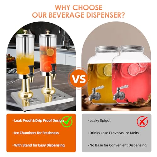 1.58 Gallon Beverage Dispenser with Stand, Insulated Drink Dispenser for Parties with Ice Chamber, Heavy Duty Stainless Steel Drip Tray for Coffee, Tea, Bar, Wedding (GOLD, 2 Head-1.58 GAL) - color: Gold
