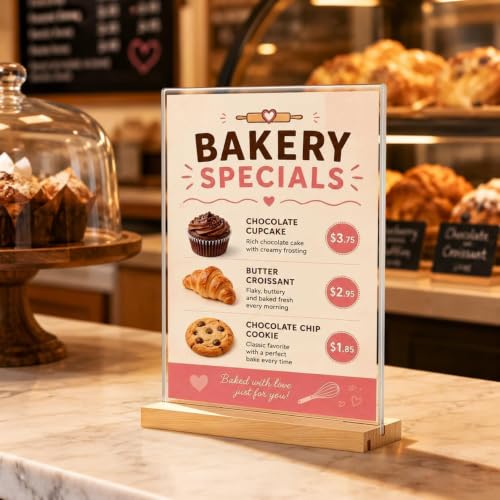 8.5x11 Acrylic Sign Holder with Wooden Base 4 Pack Adjustable Vertical/Tilt - color: Natural, size: 8.5"x11"