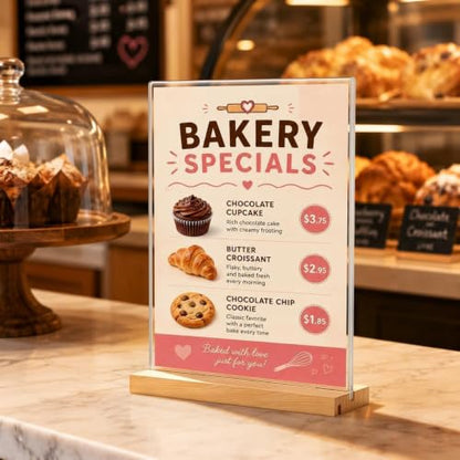 8.5x11 Acrylic Sign Holder with Wooden Base 4 Pack Adjustable Vertical/Tilt - color: Natural, size: 8.5"x11"