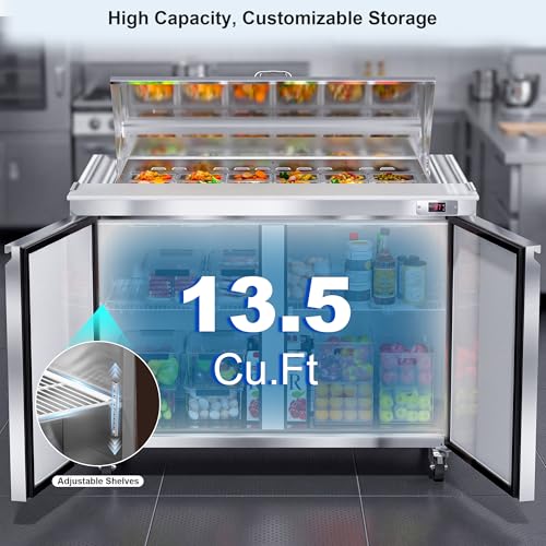 48’’ W Commercial Refrigerator Sandwich Salad Prep Table Refrigerators 2 Door with 18 Pans, Prep Station Fridge for Restaurant, Bars, Shops