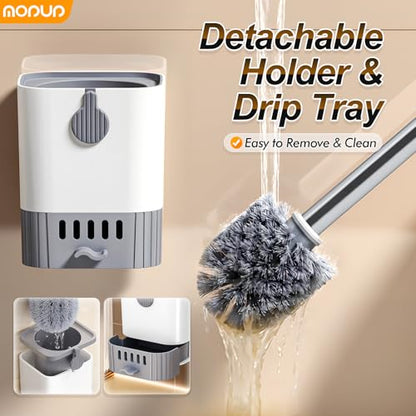 Toilet Brush and Holder Set, Wall Mounted Toilet Bowl Brush and Holder, Hard Bristle Toilet Scrubber with Drip Tray, Rim Cleaning Side Groove, Quick Rinse & Fast Drying