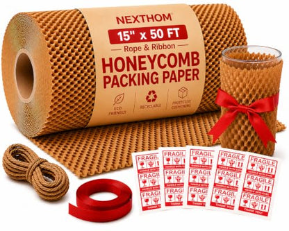 Honeycomb Packing Paper, 15 Inch x 50 FT – Eco-Friendly Recyclable Cushioning Wrap Roll for Moving & Shipping, Bubble Wrap Alternative with Rope, Ribbon & 40 Fragile Stickers - size: 15" x 50'