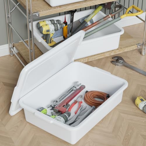 13 L Commercial Bus Tubs with Lid, White Plastic Bus Box, 12 Pack