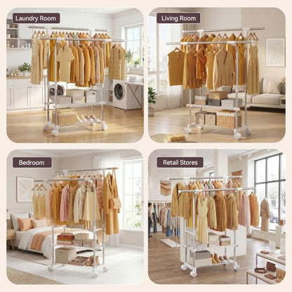 RORA Clothes Rack, Double Rod Rolling Clothing Racks for Hanging Clothes