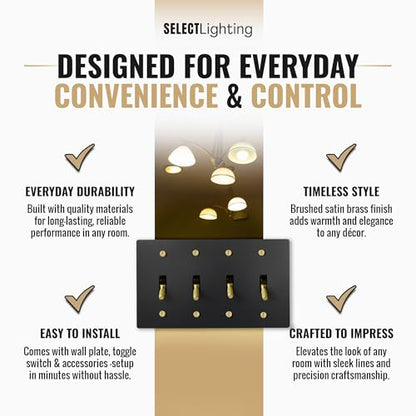 SELECT 4-Gang Solid Brass Toggle Switch, 3-Way Compatible with Faceplate - color: Black with Brass, size: 4 Gang, style: Toggle Switch