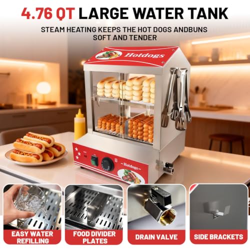 29 QT Hot Dog Steamer with Bun Warmer - Electric Steaming Machine 2-Tier Capacity for 175 Hot Dogs & 40 Buns, Visible Glass Slide Doors for Commercial Home Use