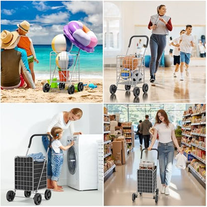 Whitmor Foldable Utility Shopping Cart with Wheels, 60Lb Capacity, Heavy Duty Grocery Cart with Steel Frame, Foam Handle, Rolling Utility Cart for Grocery, Laundry, Travel, Sliver/w Liner - size: 18.5"L x 18.5"W x 35"H，Sliver w/Liner
